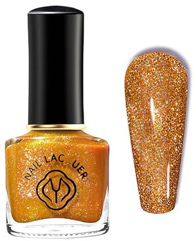 Virellay Nagellack Gold Glitzer, Gold Glitzernagellack mit Regenbogen Ohne UV Lampe, 10 ML Langanhaltender Schnelltrocknender für Frauen