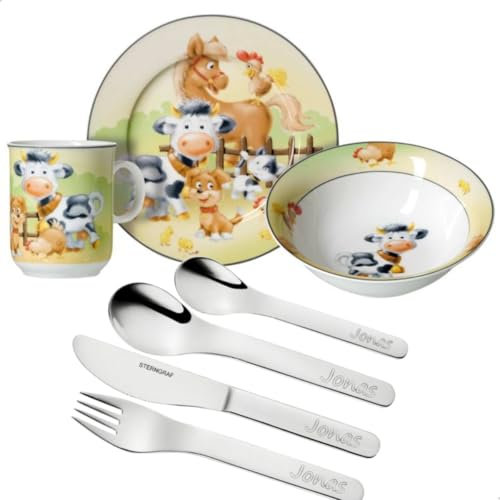Sterngraf Kinderset Bauernhof-Tiere 7tlg. mit Gravur (z.B. Namen) Puresigns Kinderbesteck mit Namensgravur + Kindergeschirr Bauernhof (Teller Becher Schale)