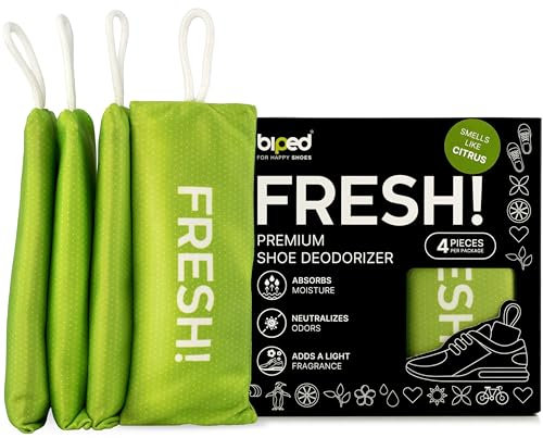 biped FRESH! premium shoe deodorizer - Schuhdeo gegen Geruch und Schweiß - Duft Schuhkissen mit Bambus Aktivkohle - Schuh Geruchsentferner für Sneaker, Schuhe und Sporttaschen z2925(CITRUS, 4 Stück)