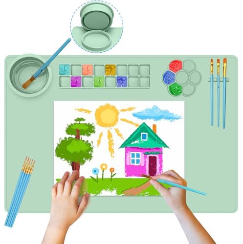 Qoolife Bastelmatte Silikon, 60x40CM Malunterlage für Kinder Abwaschbar mit Bechern und 10 Pinsel Multifunktional Silicone Painting Mat für DIY Handwerk Kinder Malen (grün)
