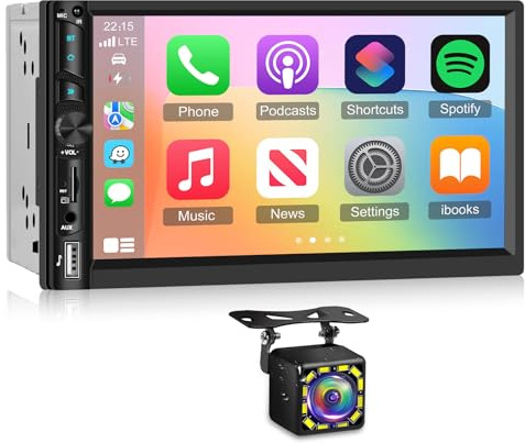 NHOPEEW 2-DIN-Autoradio mit kabellosem CarPlay und Android Auto – 7-Zoll-Touchscreen-CarPlay-Radio mit Lenkradsteuerung, FM Mirror Link, EQ, Online-Video + 12-LED-Rückfahrkamera