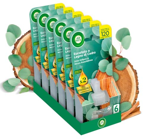Air Wick Diffusore Elettrico di Oli Essenziali, 6 Ricariche per Diffusore Elettrico alla Fragranza Eucalipto e Legno di Cedro, Profumatore per Ambienti Elettrico con Oli Essenziali