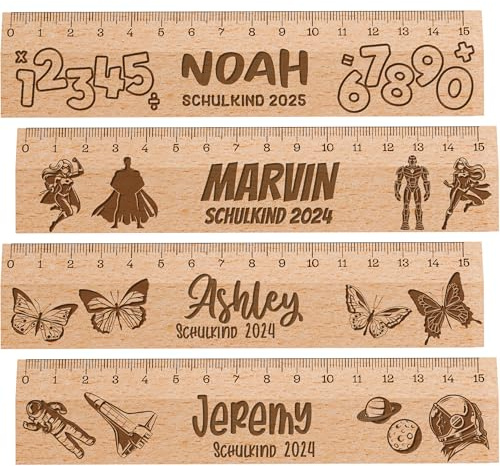 Meinearmbänder Personalisierter 15 cm Lasergravur-Lineal – Mit Namen und niedlichen Motiven wie Dino, Bär & mehr – Geschenk zur Einschulung – Für Jungen & Mädchen