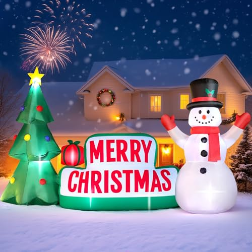 FunFanso Cartello natalizio gonfiabile lungo 3 m, decorazione per esterni, cartello natalizio con albero di Natale e pupazzo di neve, luci LED integrate per cortile, prato, giardino, vacanze, feste