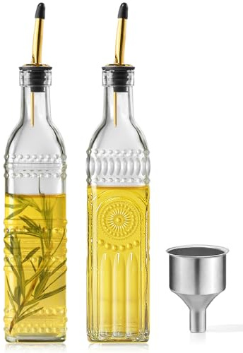 Ruiao 2 Pcs Olive Oil Dispenser Bottle for Kitchen,17oz Clear Glass Cooking Oil and Vinegar Dispenser Set, Coffee Syrup Dispenser with 2 Pourers and 1 Funnel (Two squares)