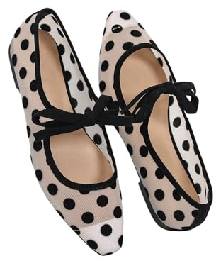 BEAUDRM Women's Polka Dots Mesh Ballet Flats Bowknot Pointed Toe Ballerina Flats Closed Toe Comfortable Casual Work Shoes Black 8