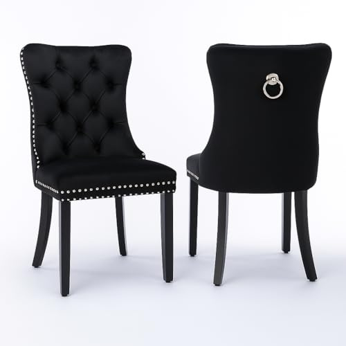 NordicLume Luxus Esszimmerstuhl aus Samt im Chesterfield-Design – Komfortpolsterung & Holzbeine, 2er-Set (Schwarz)