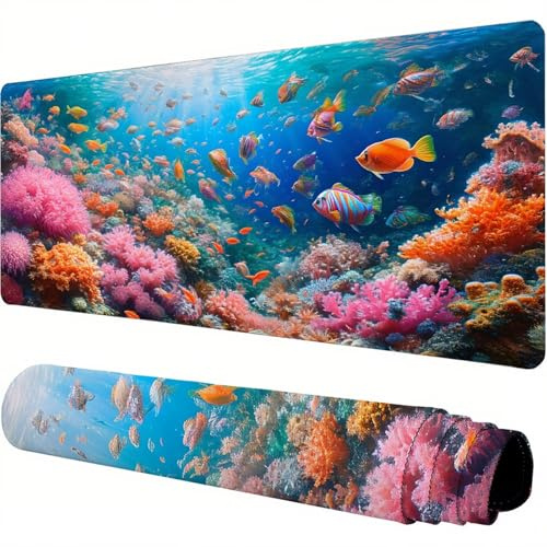 Gaming Mauspad Bunt Schreibtischunterlage Groß 900x400x3mm Mousepad Fisch,rutschfeste Mauspad Gaming Zubehör für Verbessert Präzision und Geschwindigkei für Büro Desk Deko,Geschenke für Männer J1-976