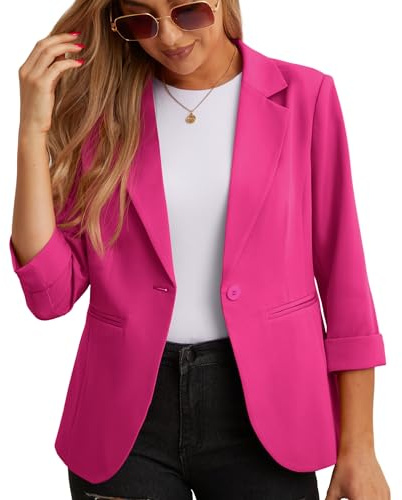 GRECERELLE Womens Blazers Casual 3/4 Sleeves Jackets Suiting & Blazers Notched Lapel Solid Elegant Coat Work Office Formal Top Outerwear with Pockets Buttons for Women UK (A02 Hot Pink, 12)