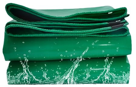 Waterproof Tarpaulin Cover Sheet 5 x 10 m Heavy Duty, PVC Material, Waterproof Tarp Ground Sheet Mesh Rubber Strengthened Corners for Garden Lawn Plants Chicken, Green