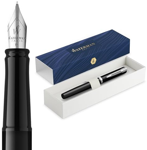 Waterman Impression Füller | Feine Feder mit blauer Tintenpatrone | Schwarzer Lack mit palladiumbeschichtetem Zierrat | Geschenkbox