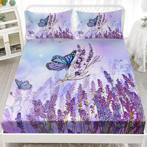 Lila Lavendelschmetterling Spannbettlaken 90x200cm Kinder Butterfly Muster Bettlaken 3D Spannbetttuch 90x200 Spannbetttücher Topper 30 cm Höhe Weiche Mikrofaser mit 2 Kopfkissenbezugen a/2377