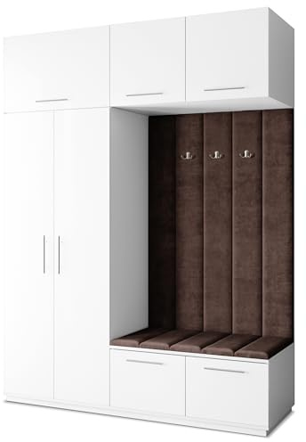 Masseno Flugarderoben Set Rema, Kleiderschrank-Set mit Sitzbank, Garderobenschrank Flur mit 5 Regalböden, Weiß