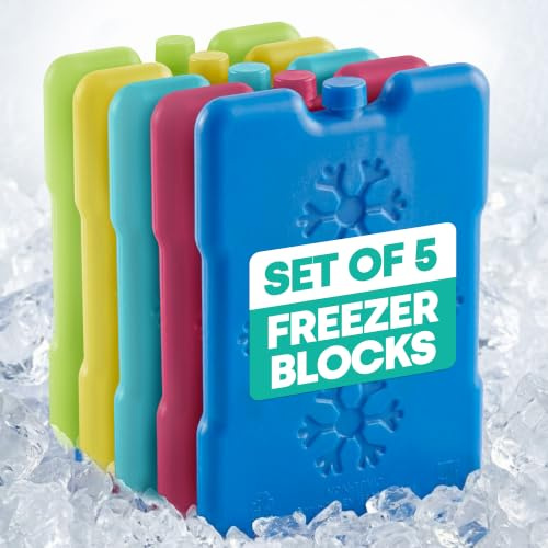 LIVIVO 5-Pack Freezer Block - 200g Slim Ice Packs for Cool Bags - Reusable Cool Blocks, BPA Free Mini Lunch Box Ice Packs for School, Work, Picnics, Travel & Summer Days (Assorted Colours)
