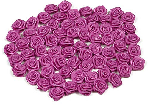 Rosen 15 mm x 100 Stück Satinrosen Aufnäher Deko Blumen Röschen zum Basteln Haarschmuck kleine Rosenköpfe Farbe: fuchsia Orchidee 183