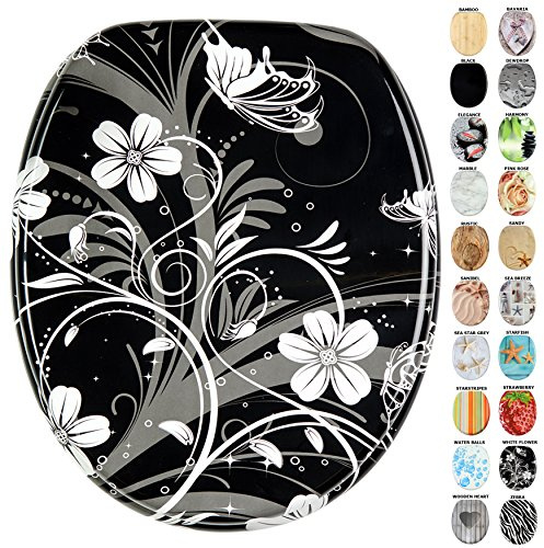 Sanilo Soft Close Toilet Seat, Wide Choice of New Toilet Seats, Stable Hinges, Easy to Mount (White Flower)
