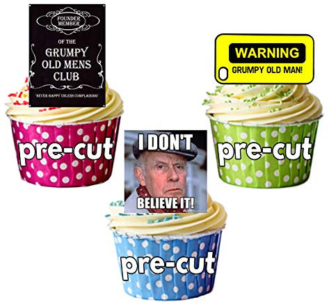 PRE-CUT Funny Grumpy Old Man - 12 Cup Cake Toppers - Edible Stand Up Decorations