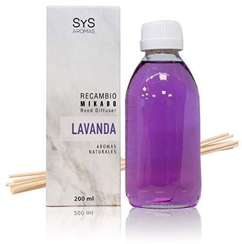 SYS Aromas Ambientador Recambio Mikado Lavanda - Aroma Floral y Agreste - Recarga para Difusor con Varillas - Larga Duración - Ideal para Hogar, Oficina, Baño - 200 ml con 8 Varillas
