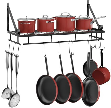 XEMQENER Wall Hanging Pan Pot Rack with 10pcs Removable Hooks, Wall Shelf with Towel Bar, Kitchen Bathroom Utensils Organizer, Hanging Shelving (60 * 24 * 25cm)