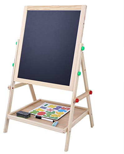 Tableau en Bois pour Enfants, Tableau Enfant sur Pied 2 en 1, Hauteur Réglable, Peinture Lisse en Surface sans Bavure, Peinture Tableau Magnétique Multi-activités avec Craies