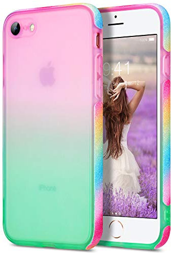 ULAK Case for iPhone SE 3rd Generation 2022/iPhone 8/iPhone 7, Girls Women Glitter Bling Designed Soft TPU Back Cover for iPhone 7/8/SE 2nd Gen 2020 4.7 inch(Pink + Green)