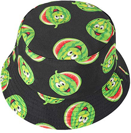 ZLYC Unisex Früchte Druck Sonnenhut Strandhut Fishermütze Outdoor-Hut,Lächeln Wassermelone Schwarz,Gr. Einheitsgröße
