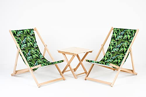 Pattern Set 2X Lounger + Table Traditional Line Liegestuhl Sonnenliege Klappbar, Gartenliege Rückenlehne verstellbar leicht klappbar Garten Balkon Strand Holzklappstühle Naturholz Lounger (Striped)