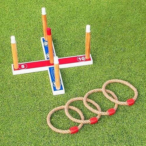 Garden Mile Wooden Quoits Garden Ring Toss Game Hoopla Toy - Summer Outdoor Family Lawn & Garden Fun - 5 Rope 9 Pin - Premium Quoits Game Set - Indoor Outdoor Sports Game Activity