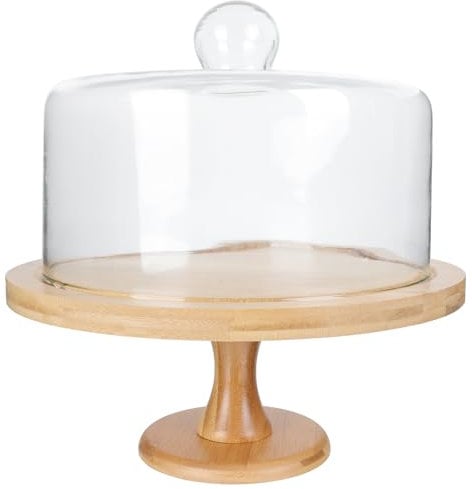 Cabilock Wooden Cake Stand with Glass Dome Footed Cake Plate Server with Clear Cloche Cupcake Display Case Dessert Platter Tray for Cheese Pastries