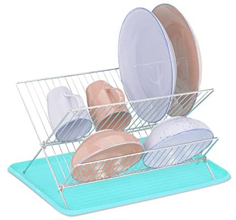 Relaxdays Égouttoir métallique (Fer) pour la Vaisselle, Support Pliable, avec Plateau en Plastique, Pratique, Turquoise