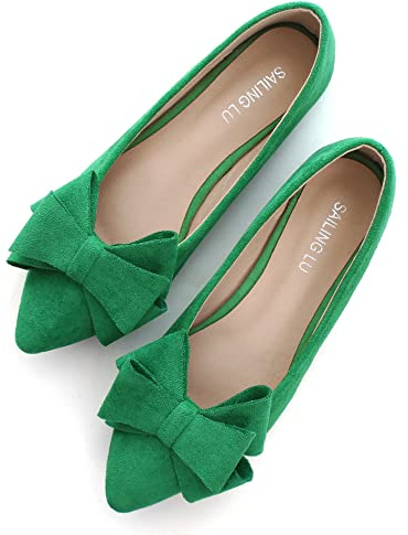 SAILING LU Bowknot Ballet Flats Women's Flats Womens Pointy Toe Flat Shoes Suede Dress Shoes Wear to Work Slip On Moccasins, E-spring Green-8232, 5.5 UK