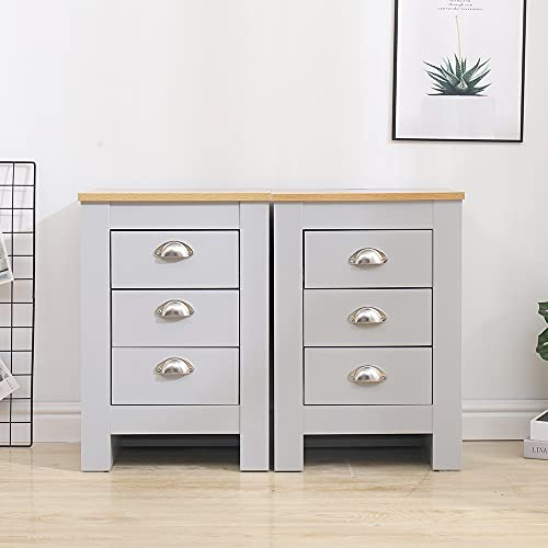 Homemade Design 3 Drawers Bedside Cabinet Table Grey and Oak Bedroom Living Room Storage Nightstand (set of 2)