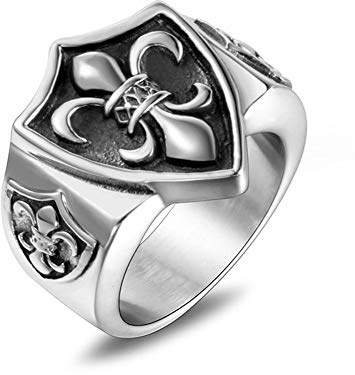 Aruie Anello Anello da uomo in acciaio inossidabile fiore di giglio Iris Relief scudo vintage gioielli, Acciaio inossidabile