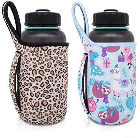 2Pack Reusable Neoprene Insulator Water bottle Carrier holder Sleeves with Handle for 32 Oz Wide Mouth Sport Water Bottle (Fits 32oz Nalgene, Party Flamingo + Leopard print(2 Pack))