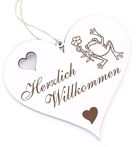 Herzlich Willkommen Schild - Frosch mit Blume - Deko Herz Holz Willkommensschild Türschild Dekoschild Türdeko