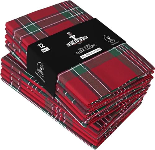 Trade Fountain Cotton Cloth Napkins [12 Pack] - 51 x 51 cm Extra Large Reusable Serviettes - Ideal for Party, Wedding & Christmas - PLAID