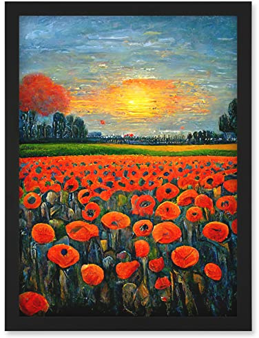 Doppelganger33 LTD Flanders Field At Sunset Expressionism Oil Paint Poppy Flowers Artwork Framed Wall Art Print A4