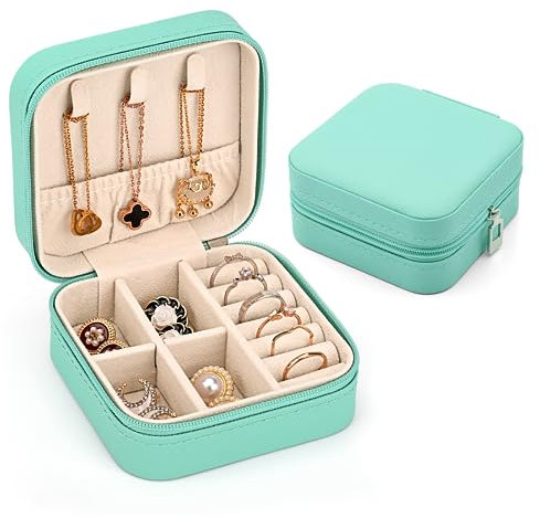 Januts Jewellery Box Organiser Mini Travel Jewelry Storage Case Portable Small PU Leather Jewelry Box with Zipper Storage Case for Rings Earrings Necklace Bracelets for Girls Women, Light Blue