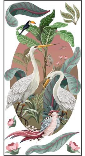 Grand papier peint panoramique découpé, oiseaux tropicaux couleurs pastels, grues, toucan, palmier, 148 cm X 85 cm