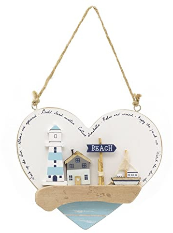 Carousel Home Seashore Heart Shaped Nautical Plaque | Decorative Coastal Hanging Beach Sign Nautical Wall Art | Seaside Sign Nautical Decor - 16cm