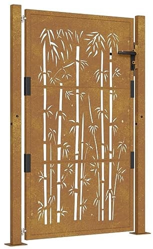 vidaXL Garden Fence Gate - Corten Steel Outdoor Entryway with Lockable System and Bamboo Laser-cut Design - Weathering Steel Construction, Easy Installation, 105x130 cm Rusty Hued