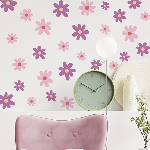 Runtoo Wandtattoo Gänseblümchen Wandsticker Boho Rosa Lila Blumen Wandaufkleber Kinderzimmer Babyzimmer Wohnzimmer Schlafzimmer Flur Wanddeko