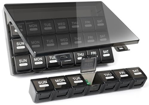 GOTRUST Large Monthly Pill Organiser, 28 Day Pill Cases Organizers by Week, 7 Day 1 Time a Day Dosset Box, 4 Weeks High Capacity Medicine Storage Box for Daily Travel Vitamins (Black)