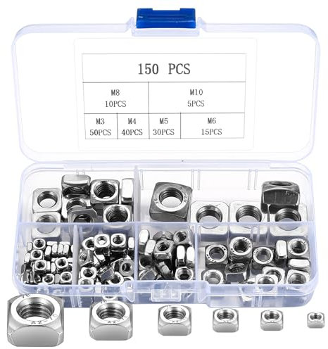 Set di 150 Dadi Quadrati in Acciaio Inossidabile - Dadi Filettati, Dadi per Inserimento Quadrato per Mobili in Legno, Dadi Viti - M3 M4 M5 M6 M8 M10 (Argento)