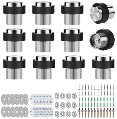 SWAWIS 12 Piezas Tope de Puerta para Suelo ø 32mm Altura 45 mm, Tope de Puerta para Suelo Adhesivo Acero Inoxidable con Tornillos y Tira Adhesiva 3M, 3 Métodos de Instalación