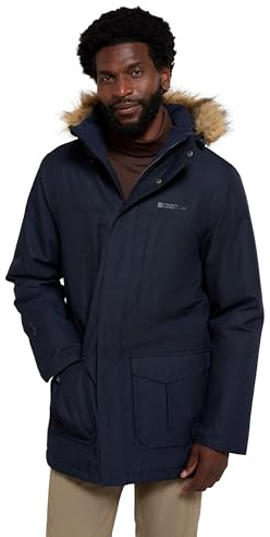 Mountain Warehouse Gorge Mens Long Jacket - Waterproof Raincoat, Breathable, Lightweight, Faux Fur Hooded Puffer Coat - For Walking, Travelling & Outdoors Navy XS