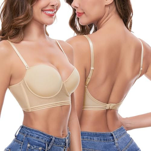 iClosam Reggiseno Schiena Scoperta Donna Pizzo Reggiseno Schiena Nuda con Scollo a V Reggiseni con Ferretto Invisibile Push Up Bra Imbottito Schiena Bassa en U a Coppa A-C