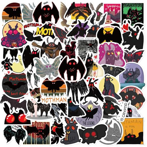 Bric Dodo 50 Stück Mothman Aufkleber Auto Laptop Telefon Gitarre Skateboard Motorrad Fahrrad Mothman Stickers Set Vinyl Wasserdicht Aesthetic Aufkleber für Jugendliche Kinder Erwachsene