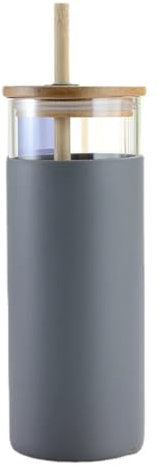 Klarglas Trinkflasche mit Strohhalm Schutzhülle und Bambusdecken (Grau)