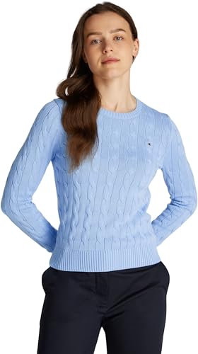 Tommy Hilfiger Women’s Cable Knit Round Neck Cotton Jumper, Blue (Vessel Blue), XXS